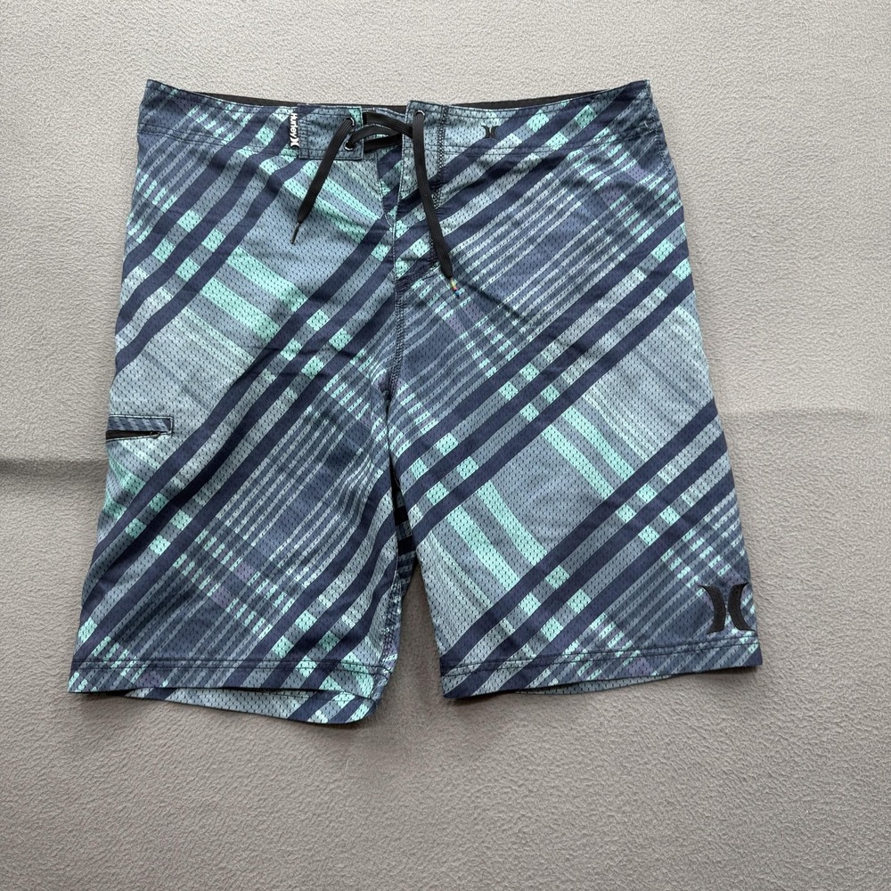 Hurley Board Shorts Mens 36 Blue Plaid Swim Trunks Zip Pocket Quick Dry Beach
